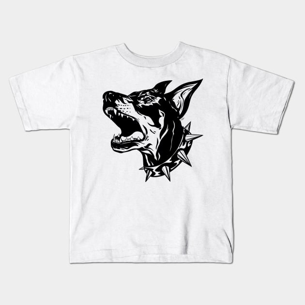 Angry Doberman Dog Blackwork Kids T-Shirt by Hacked By NA